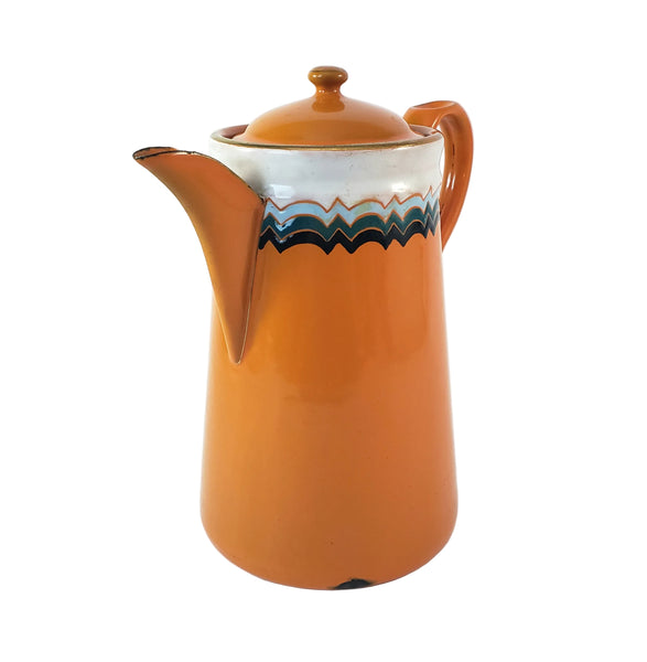 Vintage Art Deco Orange Enamelware Coffee Pot Geometric