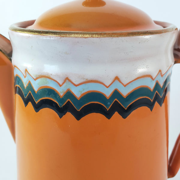 Vintage Art Deco Orange Enamelware Coffee Pot Geometric