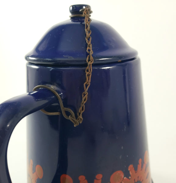 Vintage Midcentury Blue Enamelware Teapot 2 Cup Original Chain