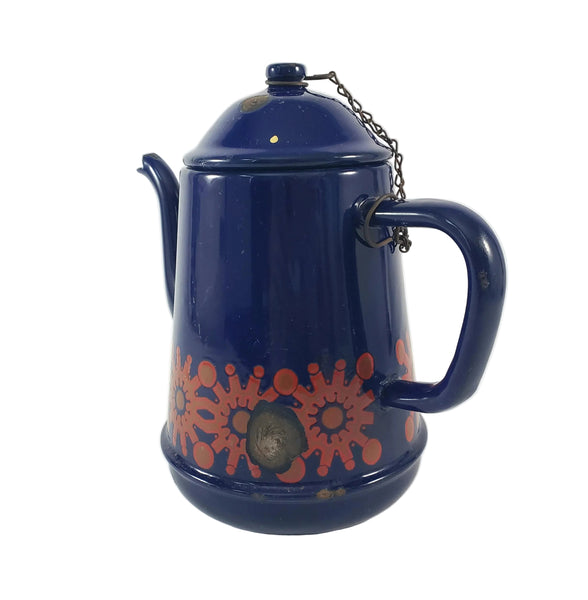Vintage Midcentury Blue Enamelware Teapot 2 Cup Original Chain