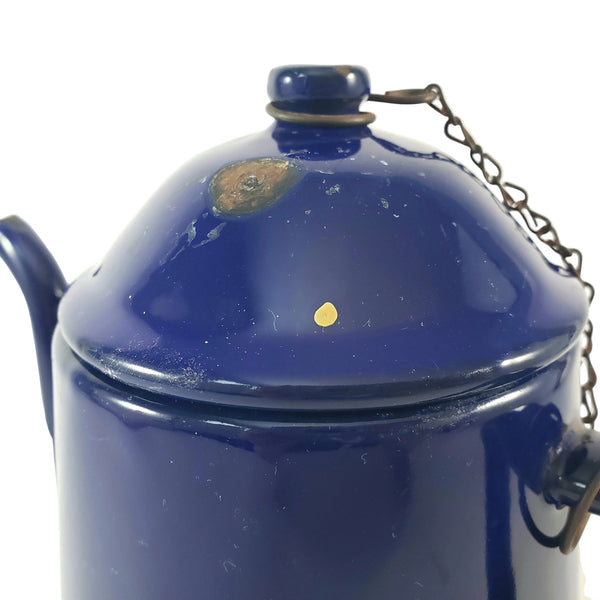 Vintage Midcentury Blue Enamelware Teapot 2 Cup Original Chain