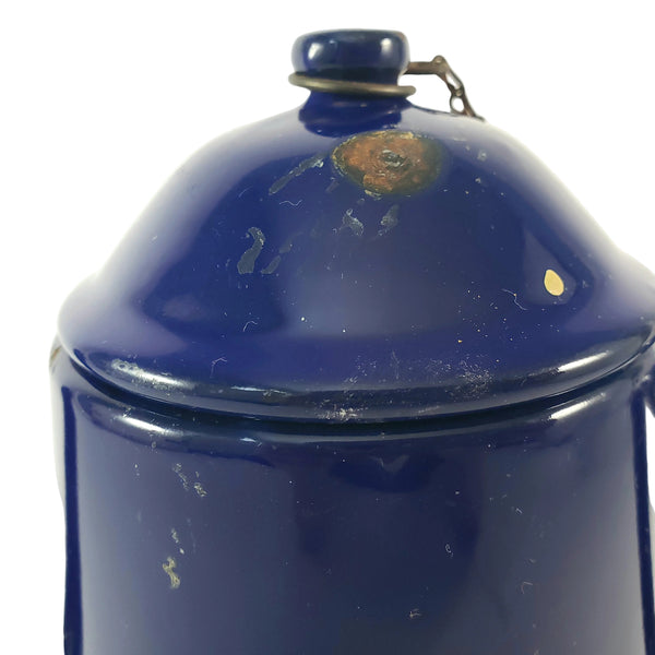 Vintage Midcentury Blue Enamelware Teapot 2 Cup Original Chain