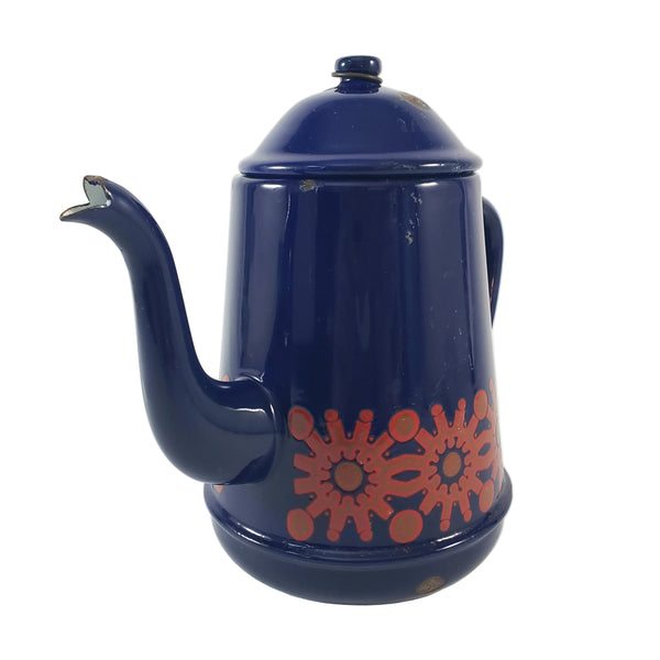 Vintage Midcentury Blue Enamelware Teapot 2 Cup Original Chain