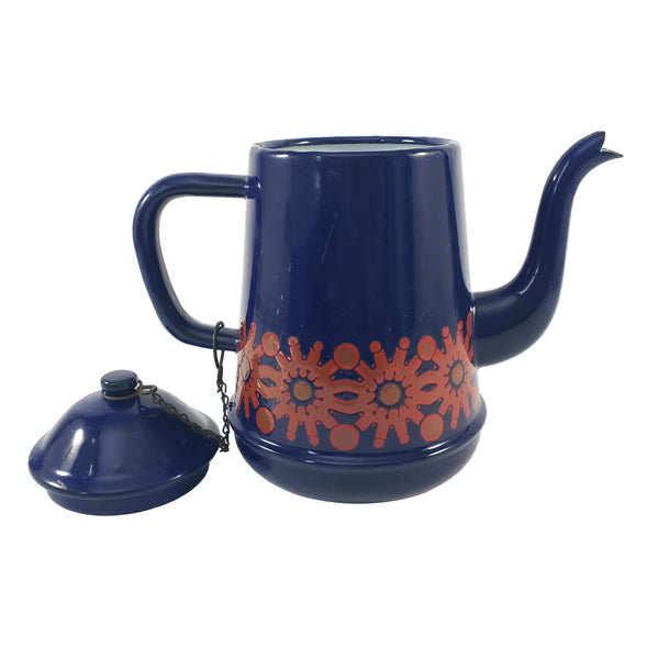 Vintage Midcentury Blue Enamelware Teapot 2 Cup Original Chain