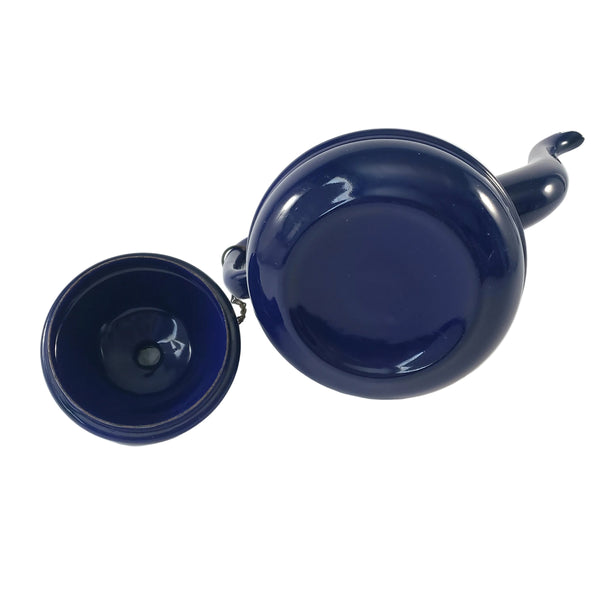 Vintage Midcentury Blue Enamelware Teapot 2 Cup Original Chain
