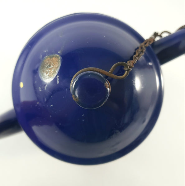 Vintage Midcentury Blue Enamelware Teapot 2 Cup Original Chain
