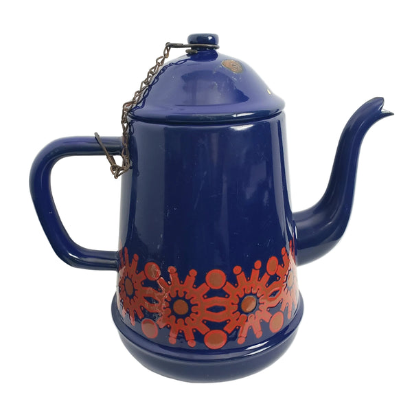 Vintage Midcentury Blue Enamelware Teapot 2 Cup Original Chain