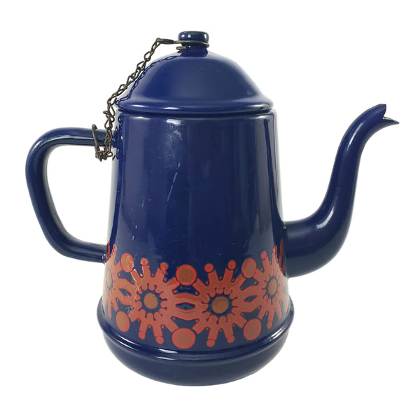 Vintage Midcentury Blue Enamelware Teapot 2 Cup Original Chain