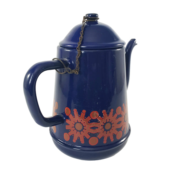 Vintage Midcentury Blue Enamelware Teapot 2 Cup Original Chain