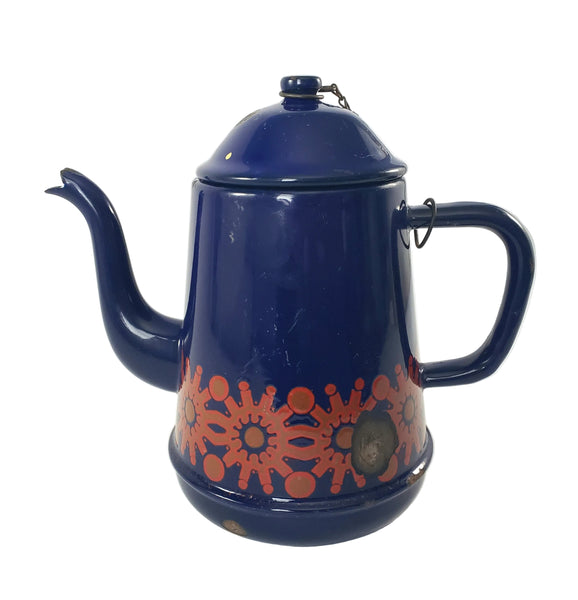Vintage Midcentury Blue Enamelware Teapot 2 Cup Original Chain