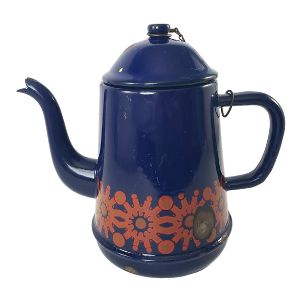 Vintage Midcentury Blue Enamelware Teapot 2 Cup Original Chain