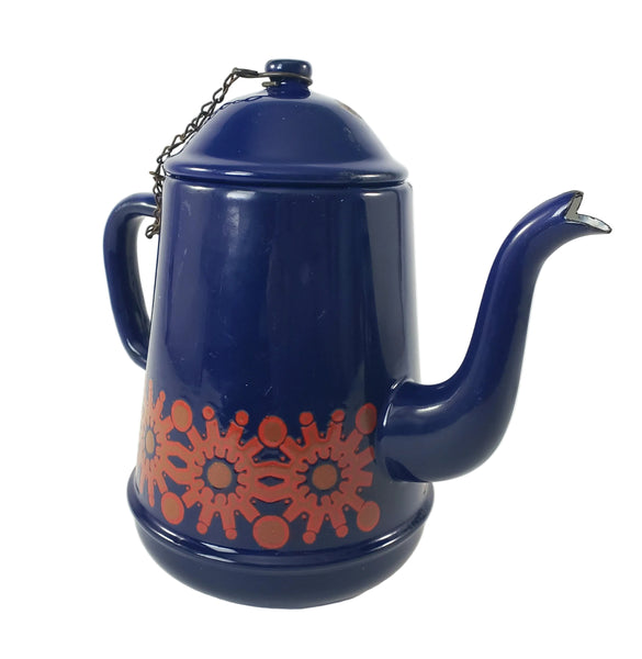 Vintage Midcentury Blue Enamelware Teapot 2 Cup Original Chain