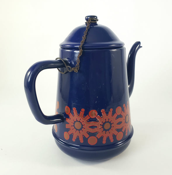 Vintage Midcentury Blue Enamelware Teapot 2 Cup Original Chain