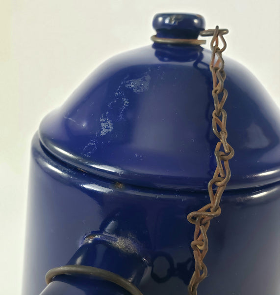 Vintage Midcentury Blue Enamelware Teapot 2 Cup Original Chain