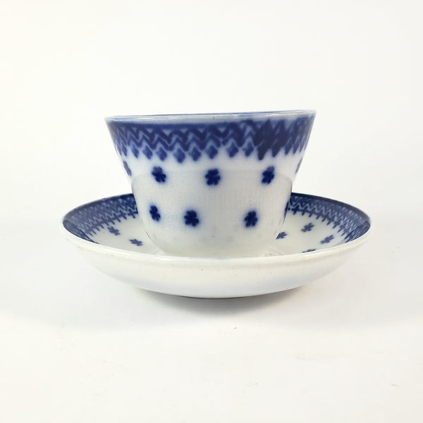 Antique Flow Blue Handleless Cup & Saucer Set Amish Snowflake Staffordshire