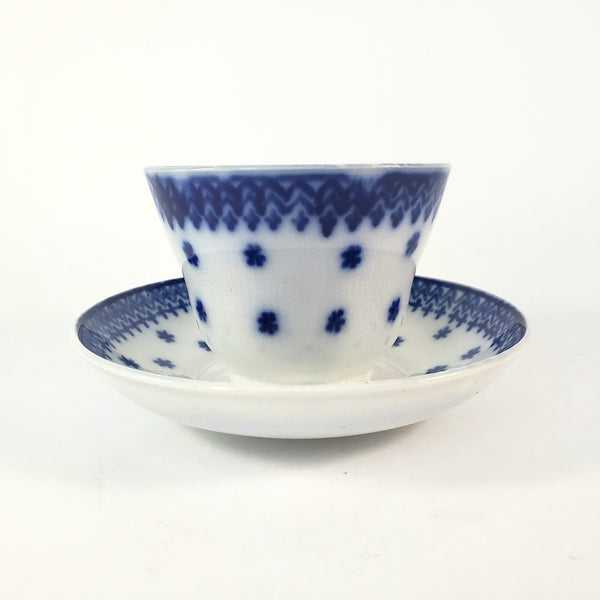 Antique Flow Blue Handleless Cup & Saucer Set Amish Snowflake Staffordshire
