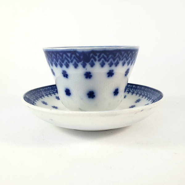 Antique Flow Blue Handleless Cup & Saucer Set Amish Snowflake Staffordshire