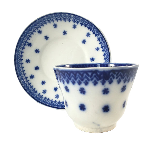 Antique Flow Blue Handleless Cup & Saucer Set Amish Snowflake Staffordshire