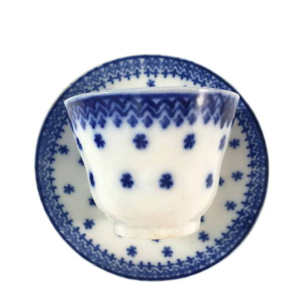 Antique Flow Blue Handleless Cup & Saucer Set Amish Snowflake Staffordshire