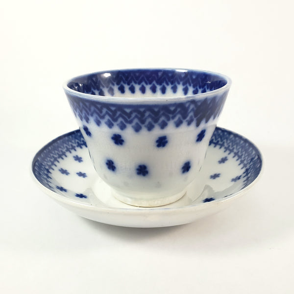 Antique Flow Blue Handleless Cup & Saucer Set Amish Snowflake Staffordshire