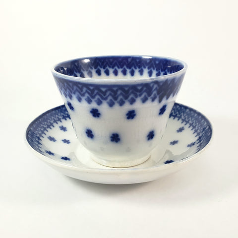 Antique Flow Blue Handleless Cup & Saucer Set Amish Snowflake Staffordshire