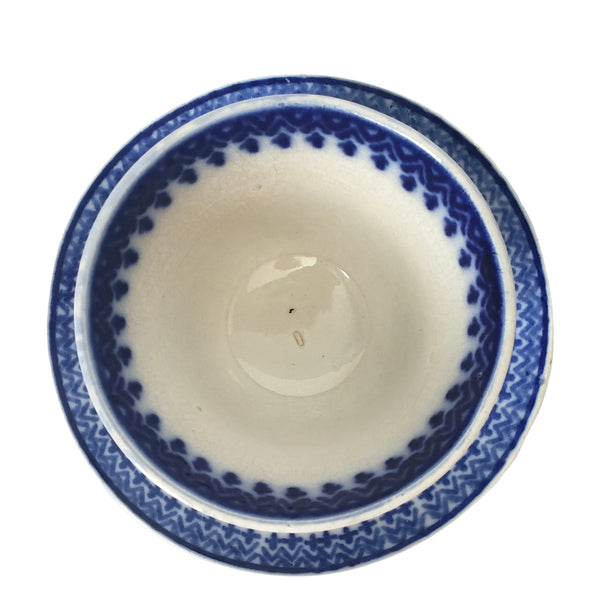 Antique Flow Blue Handleless Cup & Saucer Set Amish Snowflake Staffordshire