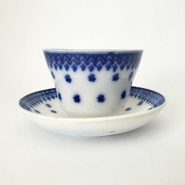 Antique Flow Blue Handleless Cup & Saucer Set Amish Snowflake Staffordshire