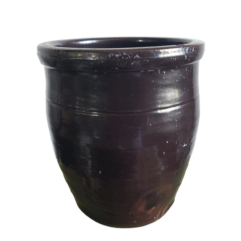 Antique Small Dark Brown Glazed Redware Preserve Crock 4 1/4