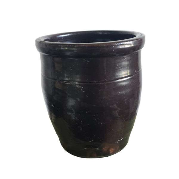 Antique Small Dark Brown Glazed Redware Preserve Crock 4 1/4