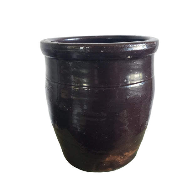 Antique Small Dark Brown Glazed Redware Preserve Crock 4 1/4