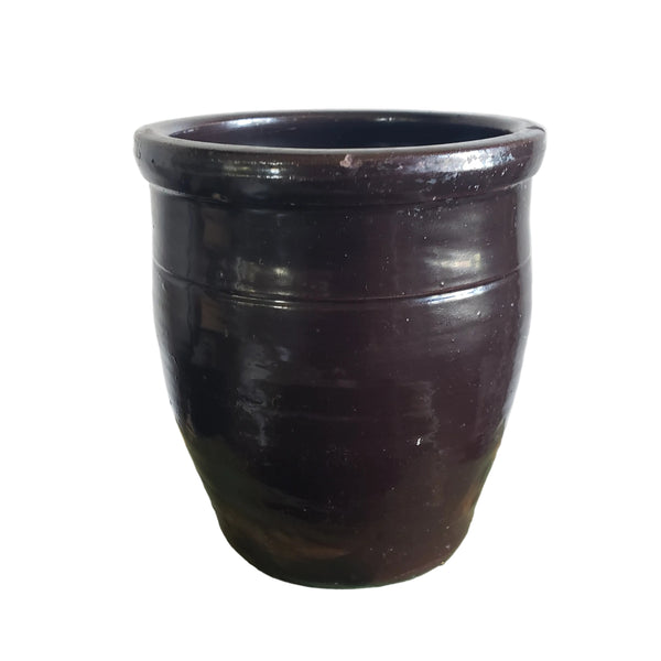 Antique Small Dark Brown Glazed Redware Preserve Crock 4 1/4