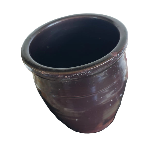 Antique Small Dark Brown Glazed Redware Preserve Crock 4 1/4