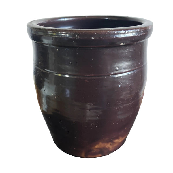 Antique Small Dark Brown Glazed Redware Preserve Crock 4 1/4