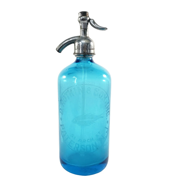 Vintage Turquoise Blue Etched Siphon Seltzer Bottle D. Notkin & Son. Inc. Patterson, NJ Vintage Barware
