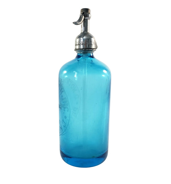 Vintage Turquoise Blue Etched Siphon Seltzer Bottle D. Notkin & Son. Inc. Patterson, NJ