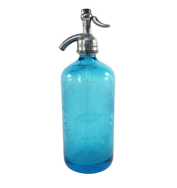 Vintage Turquoise Blue Etched Siphon Seltzer Bottle D. Notkin & Son. Inc. Patterson, NJ