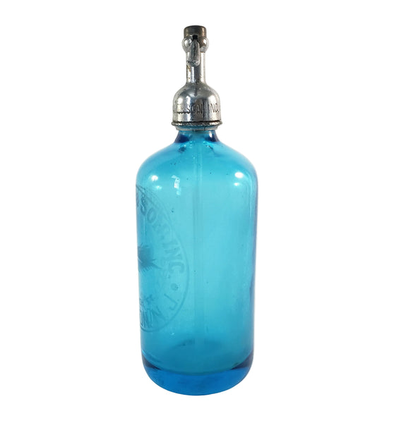 Vintage Turquoise Blue Etched Siphon Seltzer Bottle D. Notkin & Son. Inc. Patterson, NJ