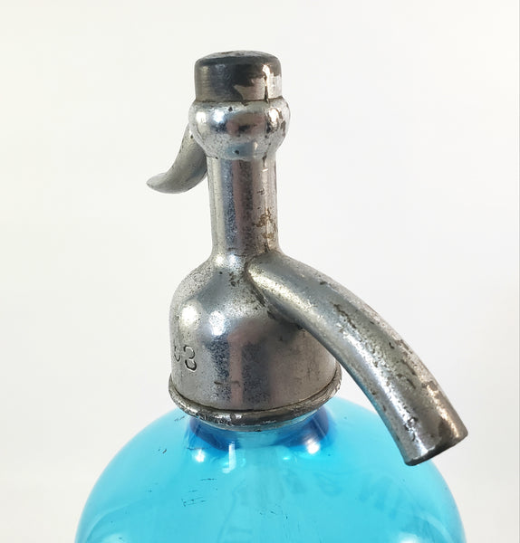 Vintage Turquoise Blue Etched Siphon Seltzer Bottle D. Notkin & Son. Inc. Patterson, NJ