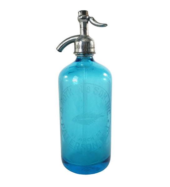 Vintage Turquoise Blue Etched Siphon Seltzer Bottle D. Notkin & Son. Inc. Patterson, NJ