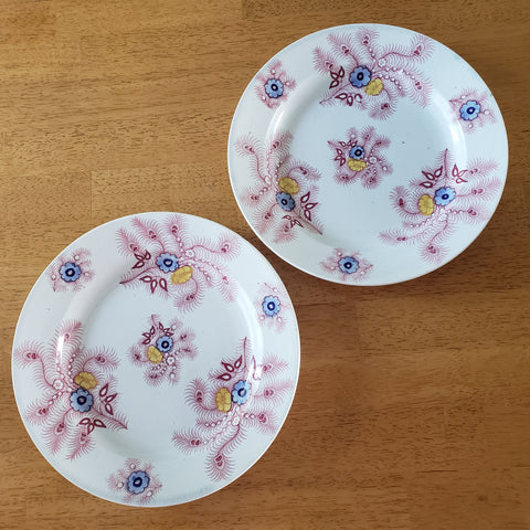 Antique Pink Polychrome Transferware 9” Plates Feather Pattern Set of 2 Wood & Challinor Staffordshire England