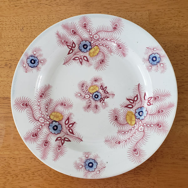 Antique Pink Feather Transferware 9” Plates Set of 2 Wood & Challinor Staffordshire England