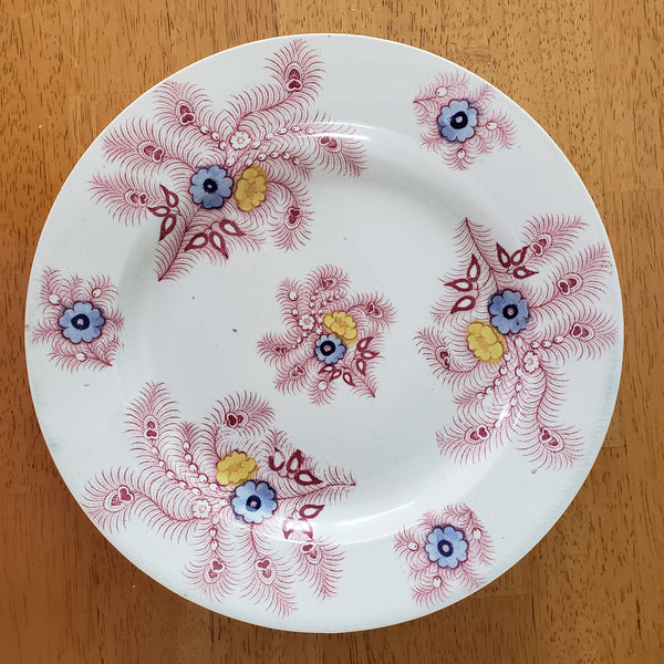 Antique Pink Feather Transferware 9” Plates Set of 2 Wood & Challinor Staffordshire England