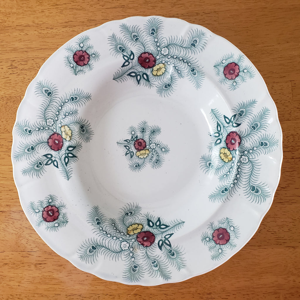 Antique Green Feather Transferware Soup Bowl 10 1/2" Wood & Challinor Staffordshire
