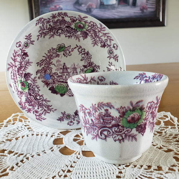 Antique Ironstone Purple Transferware Handleless Cup & Saucer John Wedgwood England