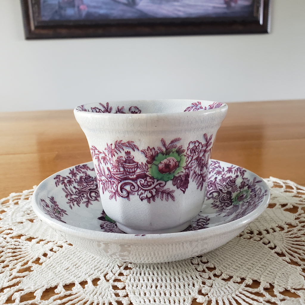 Antique Ironstone Purple Transferware Handleless Cup & Saucer John Wedgwood England