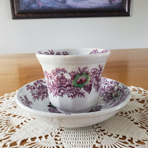Antique Ironstone Purple Transferware Handleless Cup & Saucer John Wedgwood England