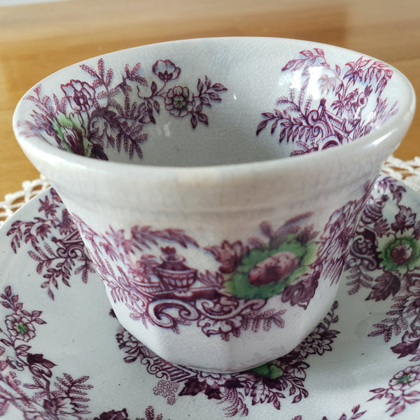 Antique Ironstone Purple Transferware Handleless Cup & Saucer John Wedgwood England