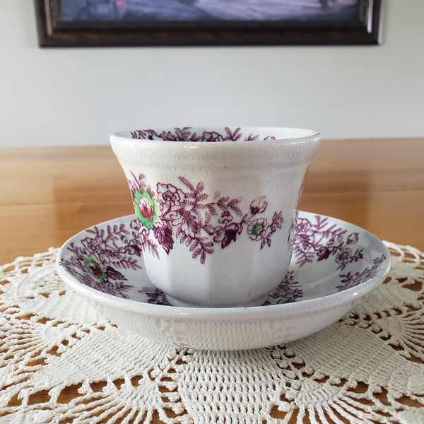 Antique Ironstone Purple Transferware Handleless Cup & Saucer John Wedgwood England