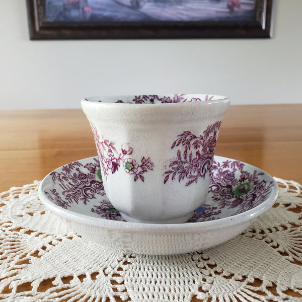 Antique Ironstone Purple Transferware Handleless Cup & Saucer John Wedgwood England