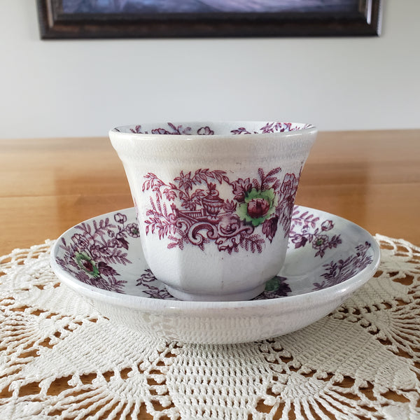 Antique Ironstone Purple Transferware Handleless Cup & Saucer John Wedgwood England